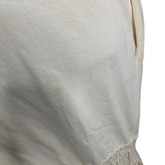 Vintage 90s Hand Painted T Shirt Dress M Cream Crochet Knit Fringe Pockets - Picture 7 of 10